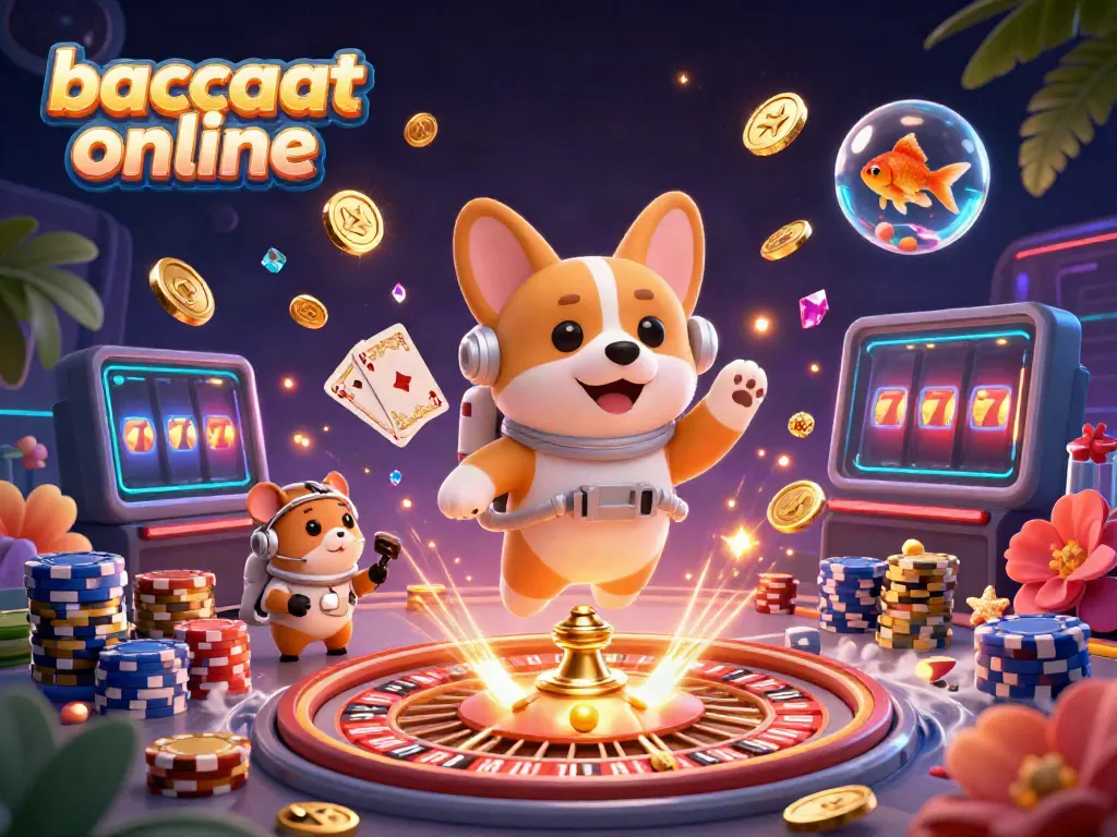 Experience baccarat online with a floating corgi astronaut at a vibrant space casino.