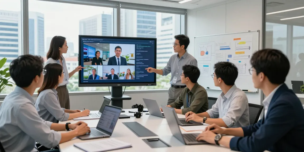 Corporate Videography Singapore scene with a diverse team collaborating on a video project in a modern office.