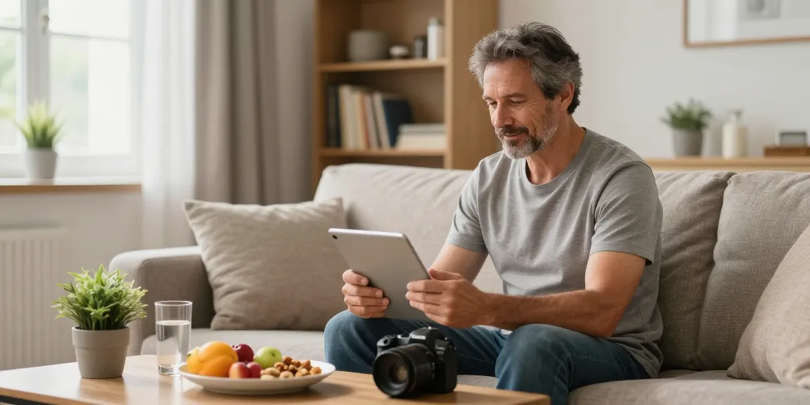 Tadalafil user exploring wellness information on a tablet in a comfortable living room, surrounded by healthy snacks and a cozy atmosphere.
