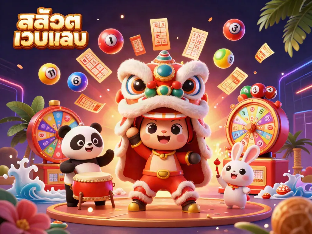 Experience excitement with สล็อตเว็บตรง in this vibrant 3D illustration filled with colorful lottery elements.