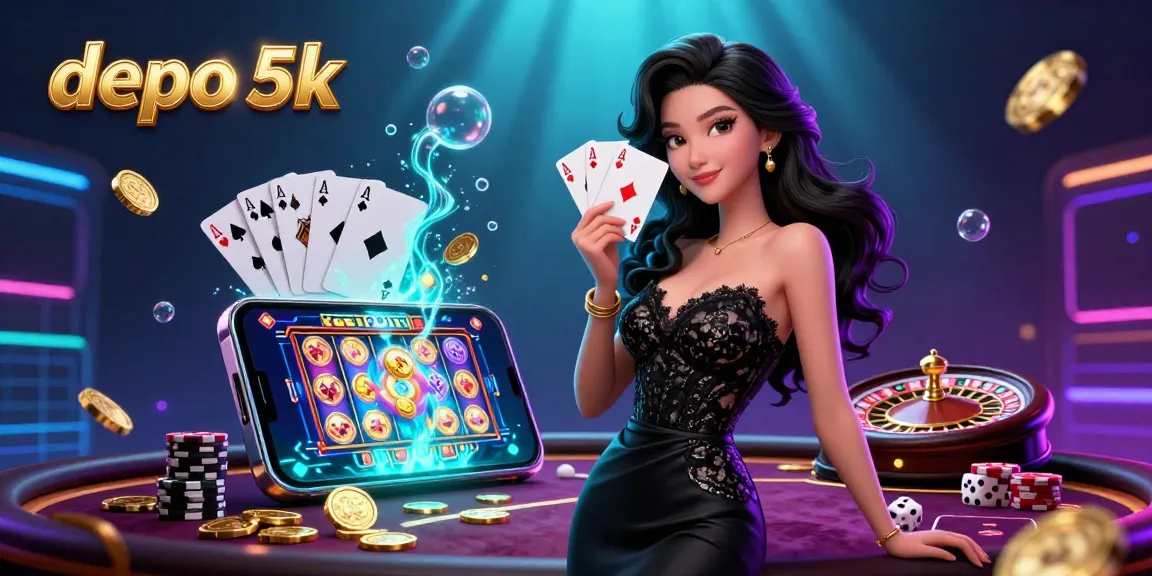 Experience the thrill of depo 5k gaming with a luxurious casino scene featuring a stylish player and dynamic game elements.