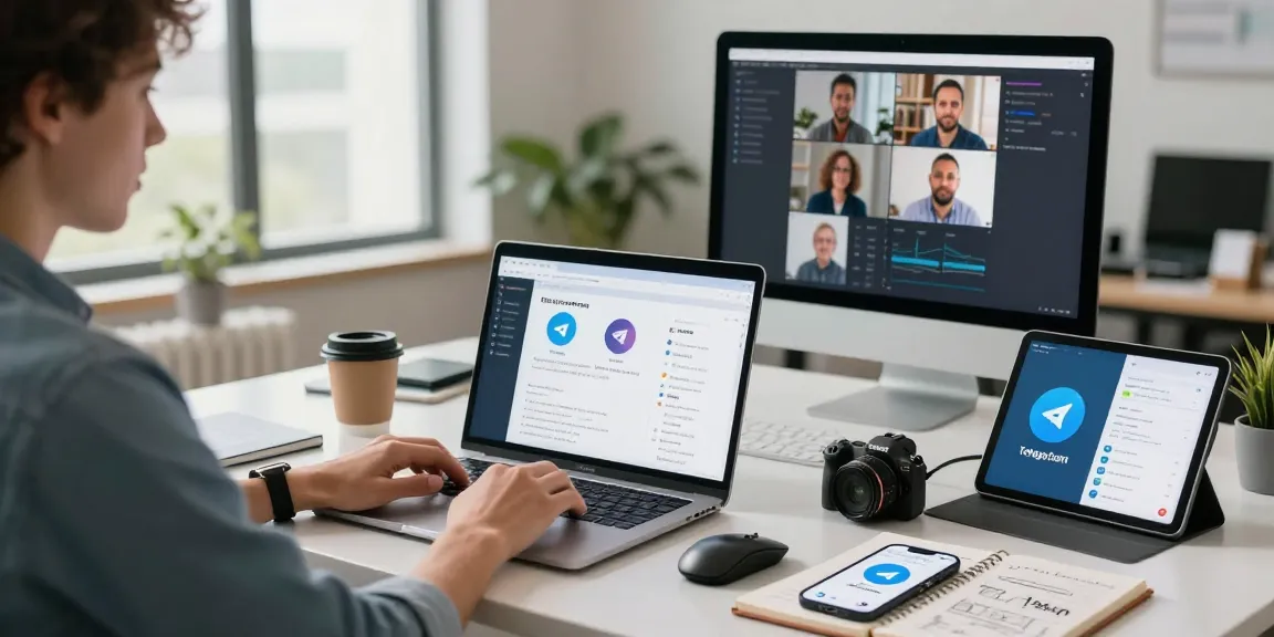 Dynamic work environment featuring a tech professional exploring telegram官网 updates with laptop and collaboration tools.