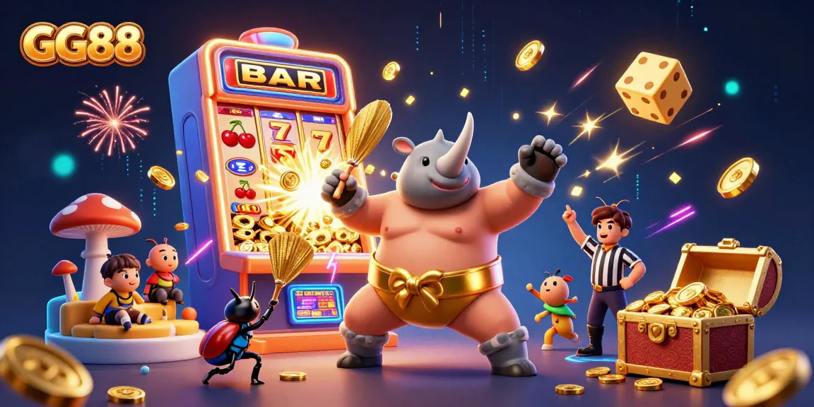 Experience the excitement of GG88 casino with a dynamic scene featuring a beetle sumo champion and jackpot winnings.