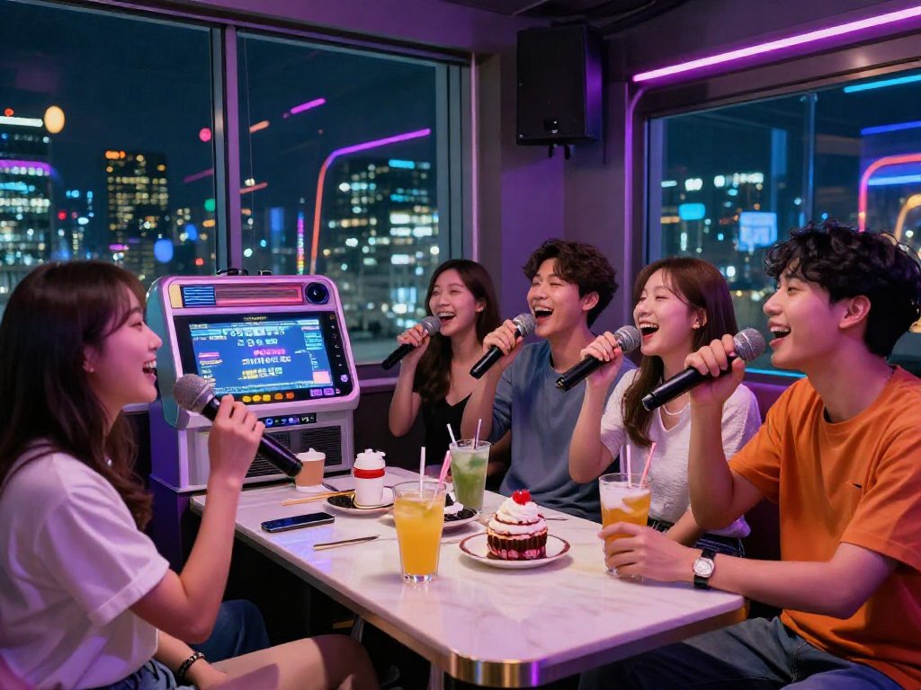 강남 디저트 가라오케에서 친구들과 즐거운 시간을 보내는 모습
