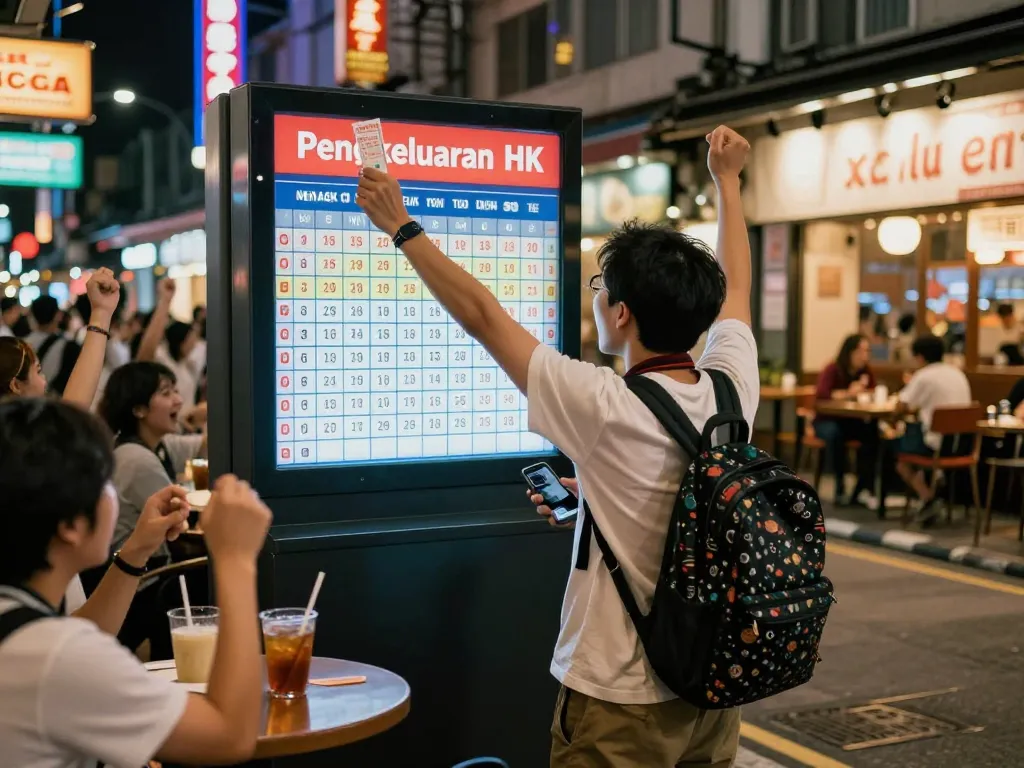 Excited individual celebrating Pengeluaran HK results in vibrant urban setting.