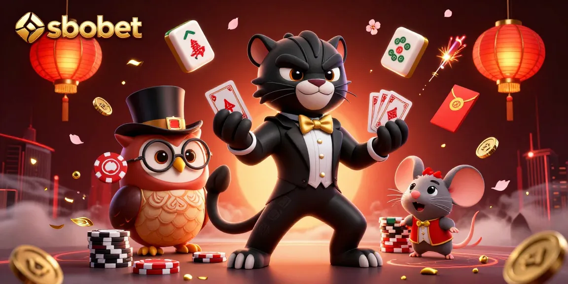 sbobet themed illustration with a stylish panther, owl, and lucky mouse in a vibrant casino scene