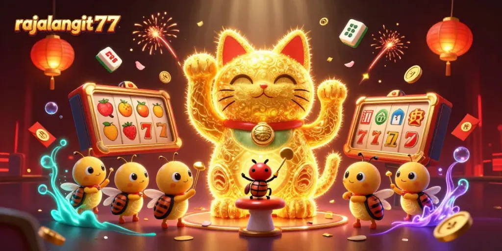 Gambarlah rajalangit77 dengan kucing keberuntungan dan simbol kasino yang berkilau