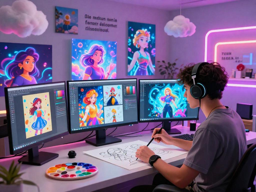 Artist using character AI nsfw to create vibrant digital illustrations in a modern studio.