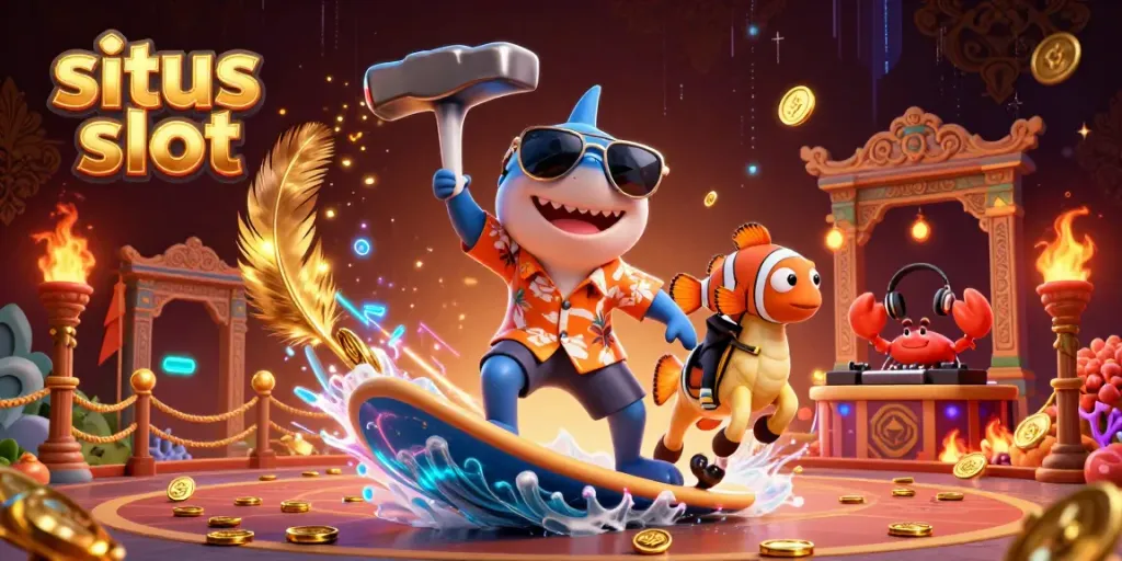 Gambarkan situs slot yang menarik dengan hiu kartun berselancar di koin emas, clownfish dan kepiting DJ.