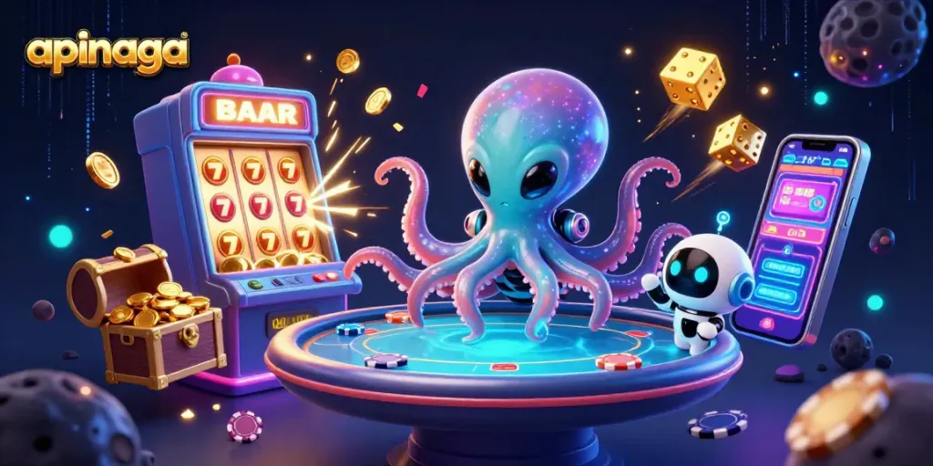 Experience thrilling gameplay with apinaga as a cartoon octopus deals at a vibrant casino table!