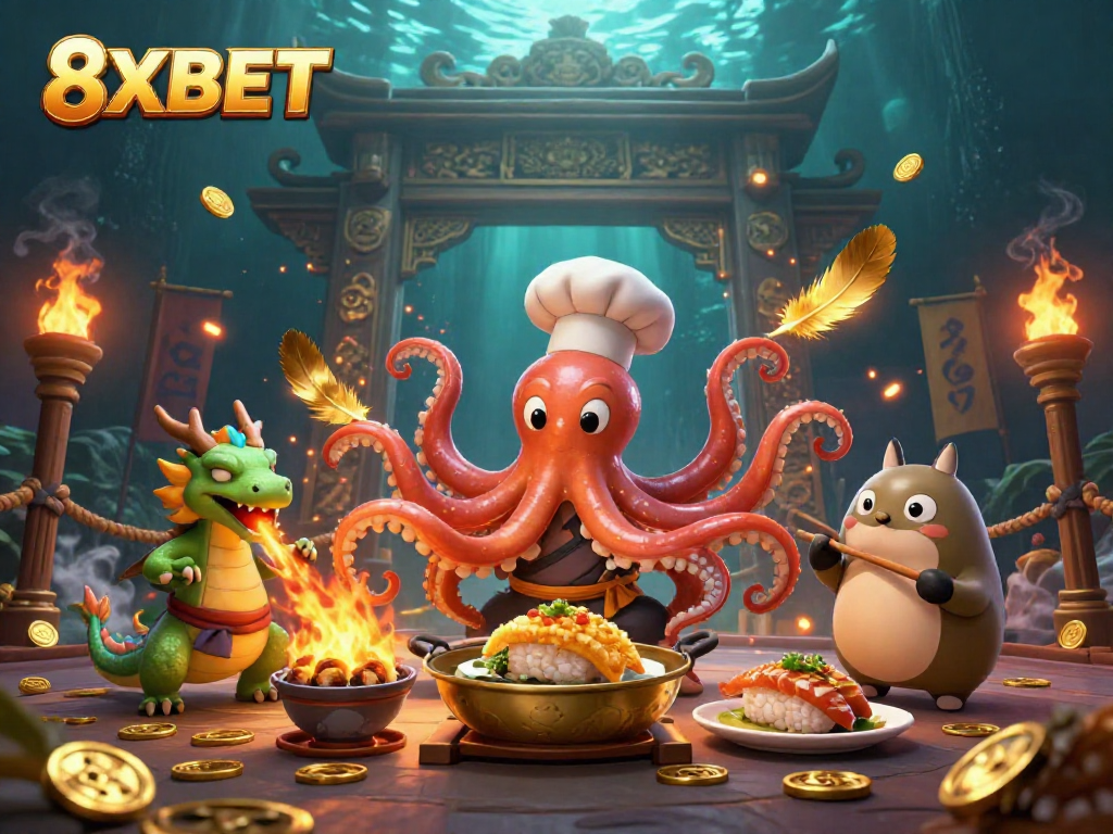 Experience vibrant gameplay with 8XBET in this dynamic 3D casino scene featuring an octopus chef and dragon.