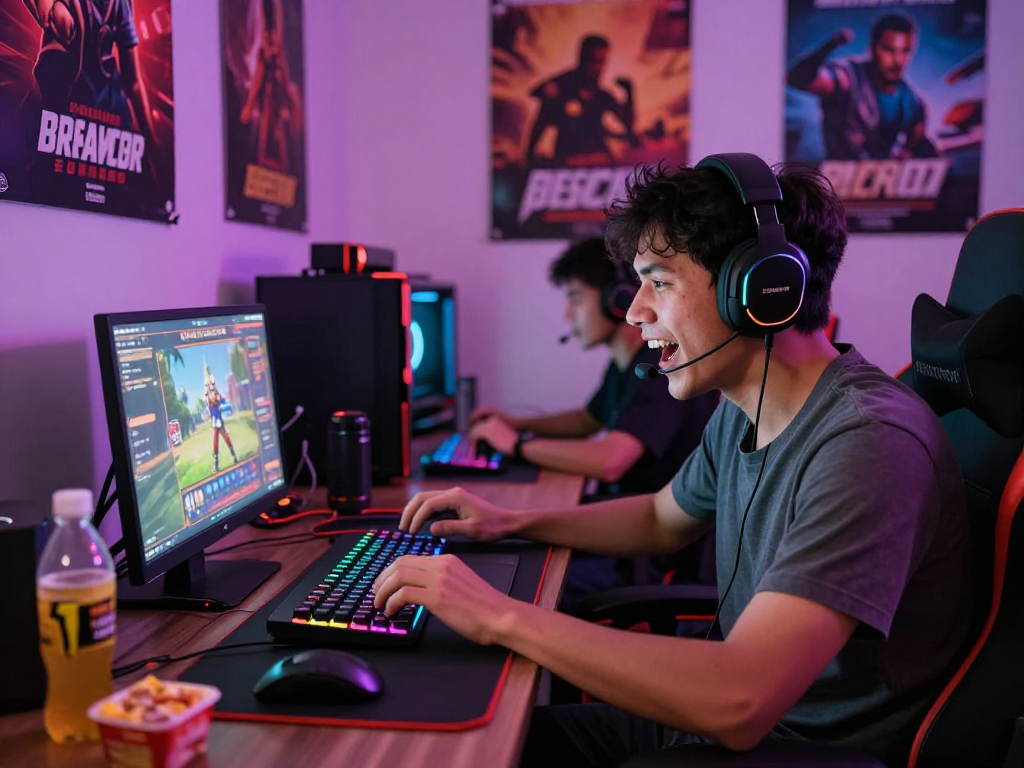 Engaging gamer playing porngame in a vibrant, immersive gaming environment.