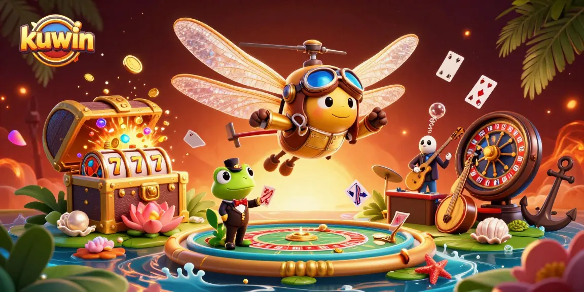 Kuwin casino scene featuring a dragonfly pilot, frog croupier, and jazz-playing crickets.