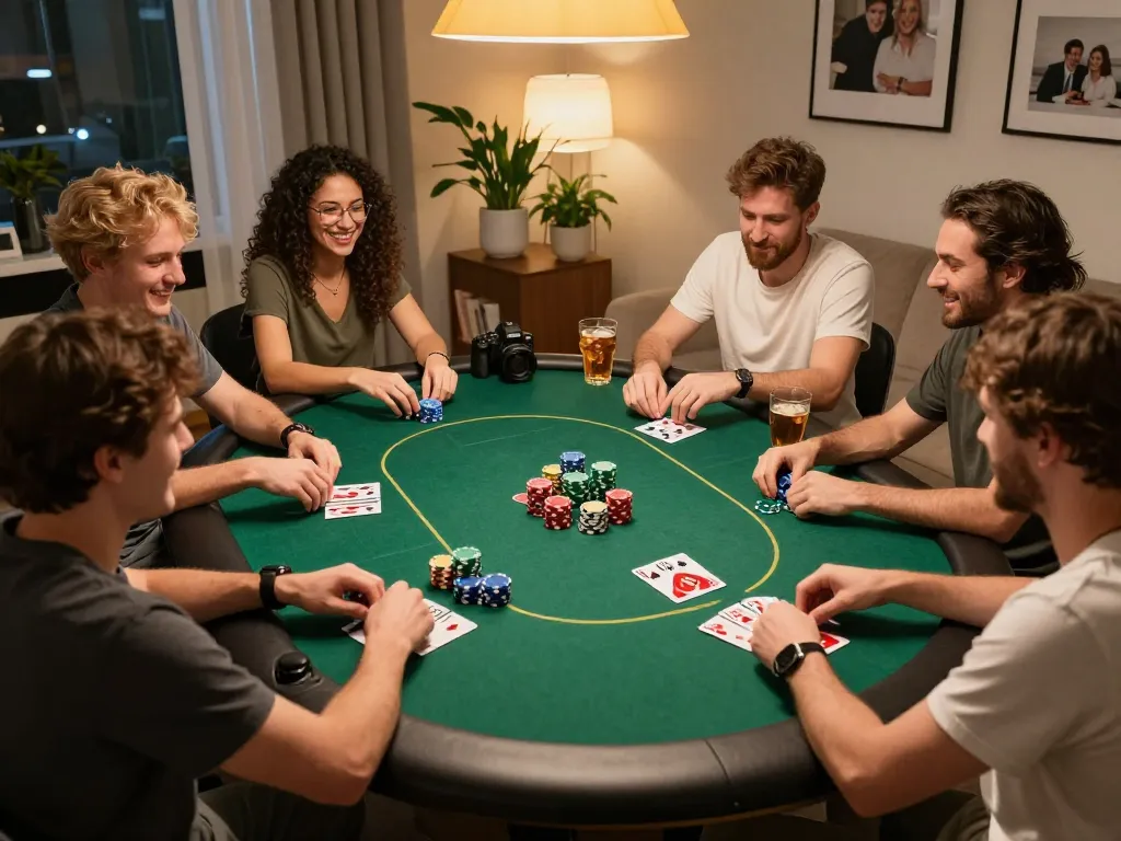 Exciting home poker game showcasing link slot strategy with friends around a vibrant table