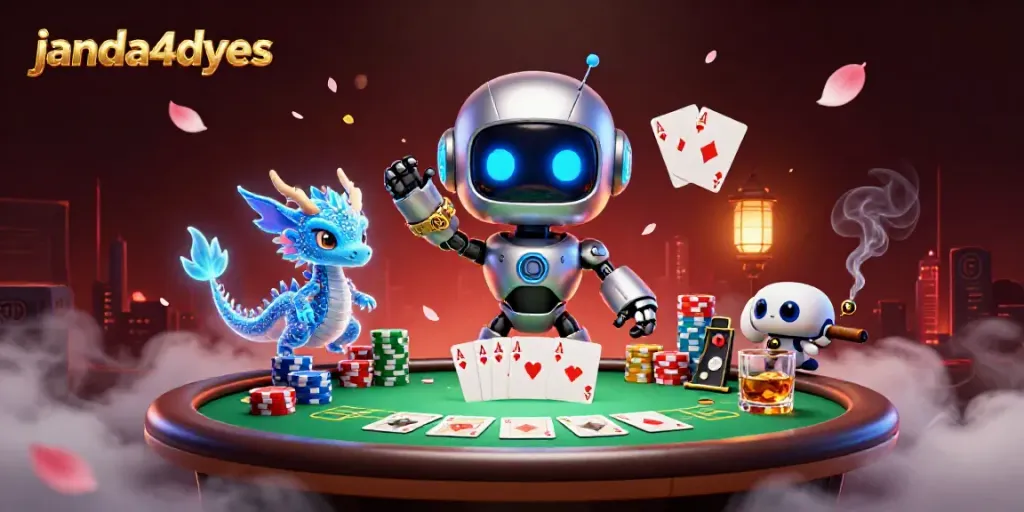 Permainan janda4dyes menampilkan robot cyberpunk dan hologram naga di meja poker penuh chip