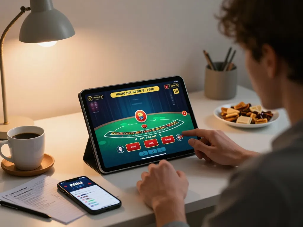 Engaging gameplay on BK888, showcasing a player focused on live baccarat on a tablet in a cozy setting