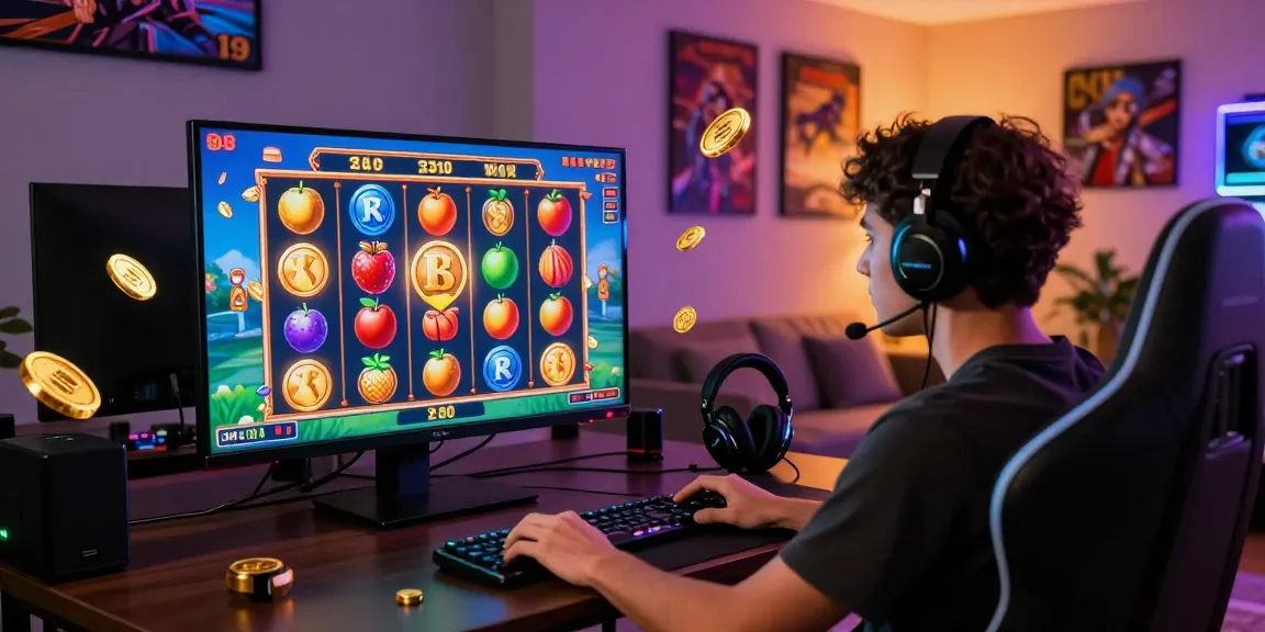 Player engaging with slot games on a vibrant gaming screen filled with colorful animations and virtual currency, showcasing the excitement of online slots.