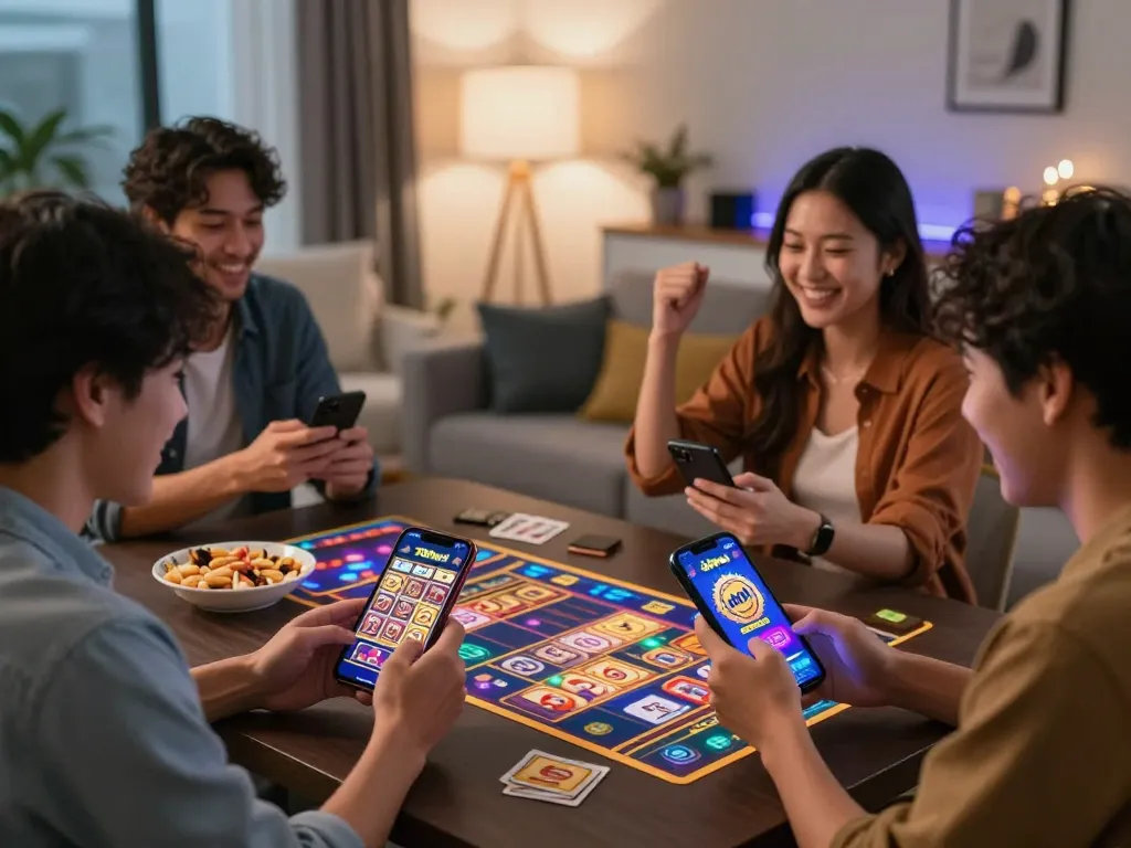 Play thrilling games using app 789win in a cozy living room with friends celebrating wins.