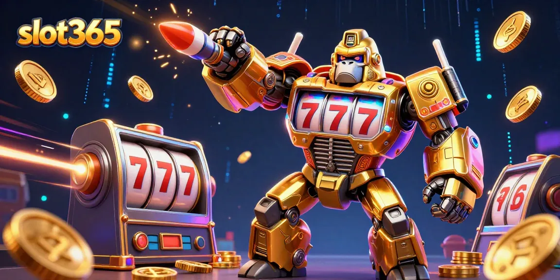 Experience thrilling action with slot365's golden gorilla mech, jackpot, and vibrant casino elements.