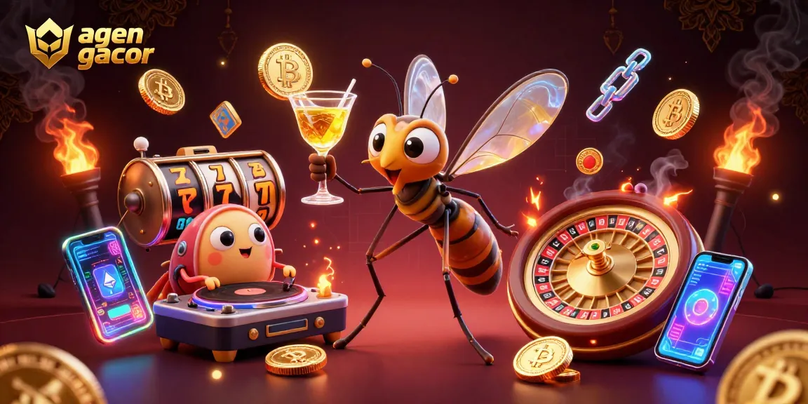 Engage with agen gacor in a vibrant 3D illustration showcasing a casino mascot, trilobite DJ, and roulette wheel.