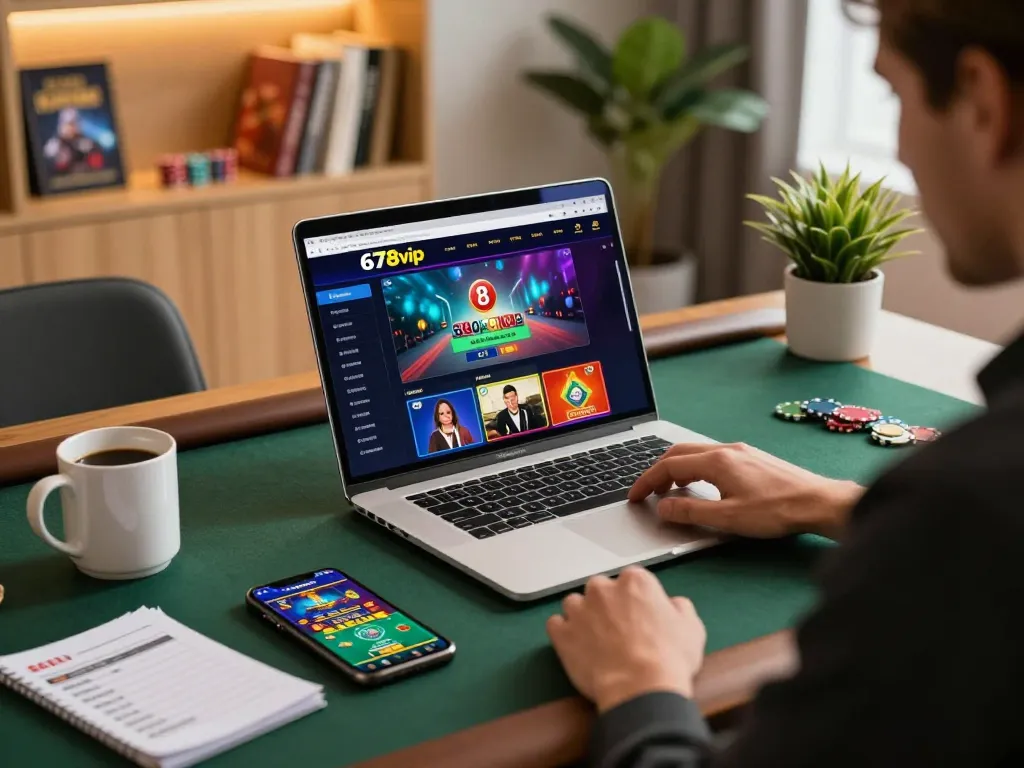 A player enjoying online gaming at 678vip on their laptop, showcasing a cozy setup with a focused ambiance.