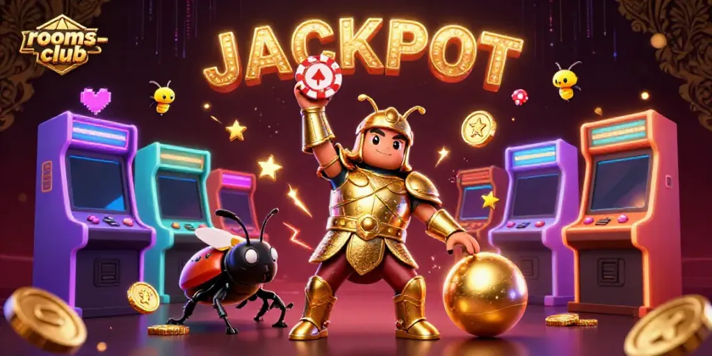 Memenangkan jackpot di rooms-club dengan ilustrasi 3D karakter menarik yang membawa chip poker.