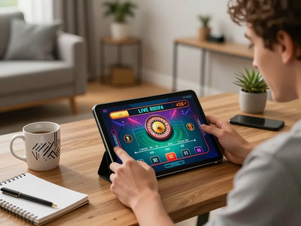 Engaging in live dealer games on pintu888top, excited player at a tablet.