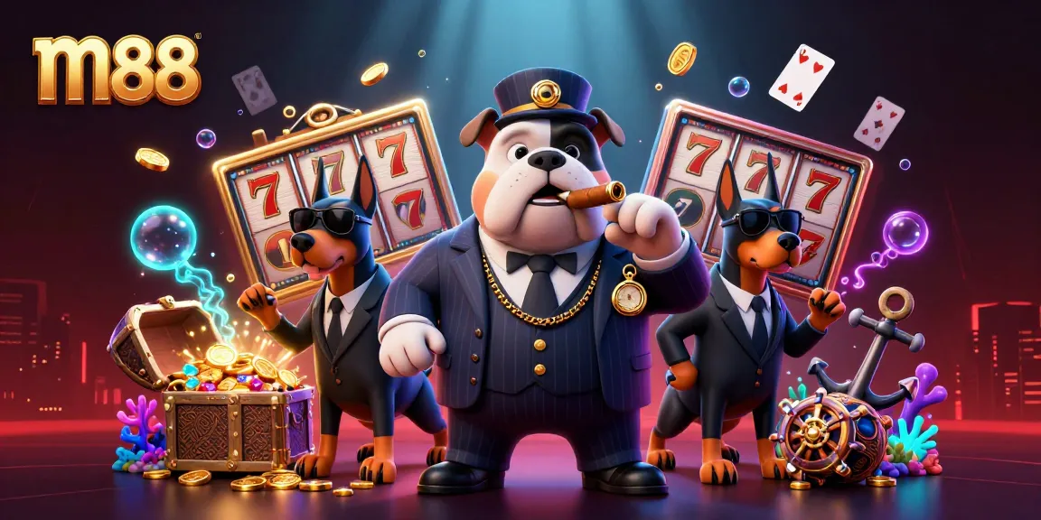 Experience thrilling wins at m88 with dynamic slot games, showcased by a mafia bulldog in a vibrant casino scene.