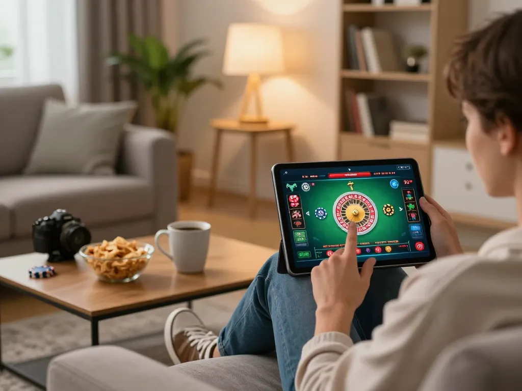 Player enjoying the jus77 online casino experience with a lively roulette game on a tablet in a cozy environment.