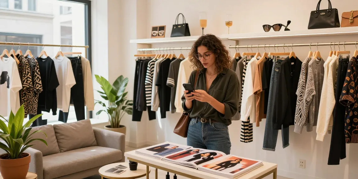 Shopping for high-quality 레플리카 fashion items in a trendy boutique, capturing excitement and style