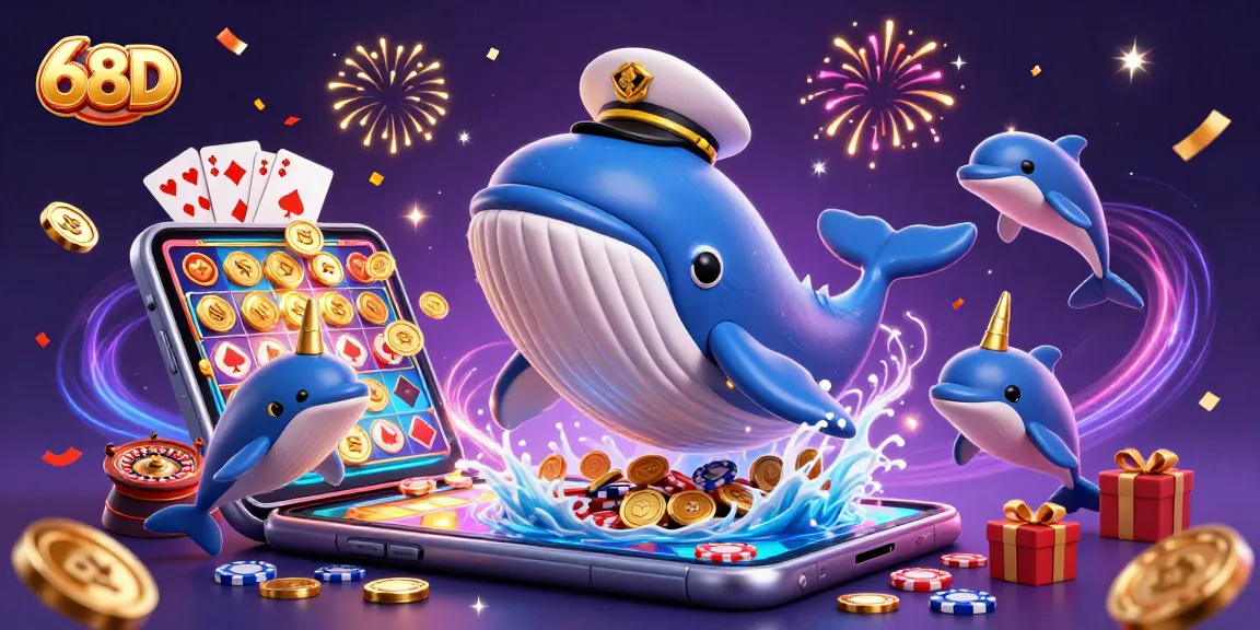 Experience big wins at 68D with the joyous whale captain and friends amidst a colorful slot gaming scene.