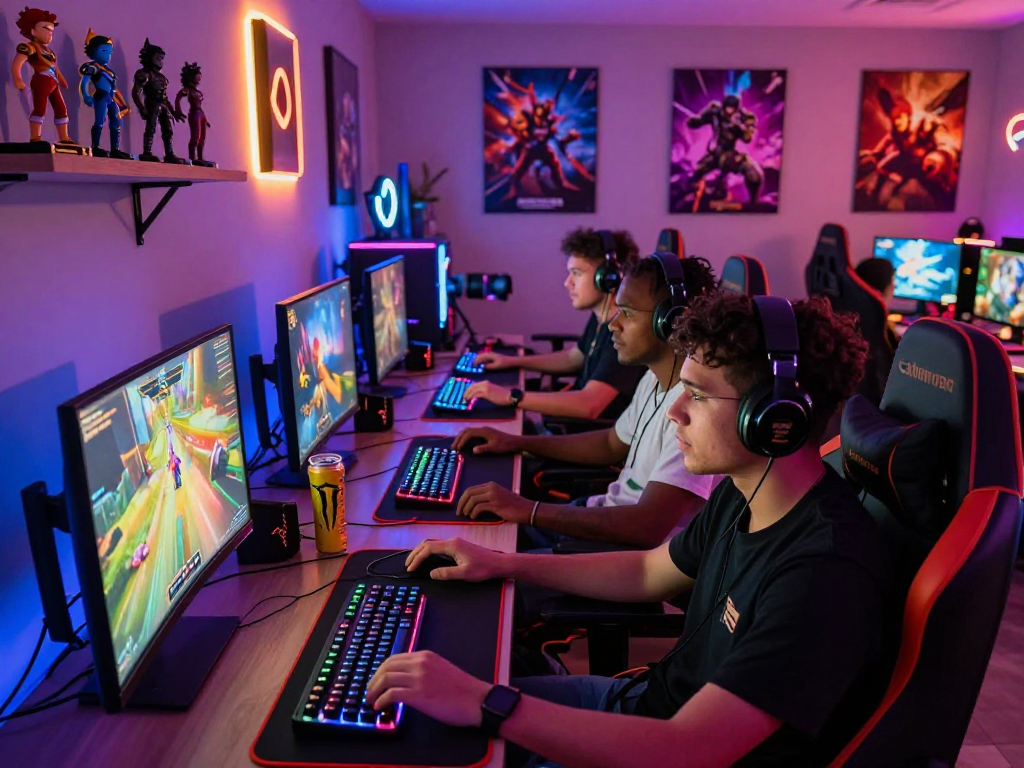 Engaged gamers playing rokok88 in a vibrant gaming room filled with modern equipment and accessories.