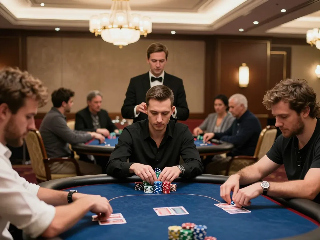 Engaged players strategizing in a high-stakes poker game at vipwin casino with vibrant chips and cards