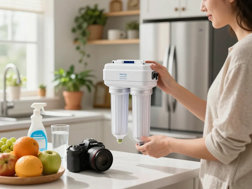 Replacing the Waterdrop RPWF Refrigerator Water Filter (NOT RPWFE) in a bright home kitchen with fruits and plants.