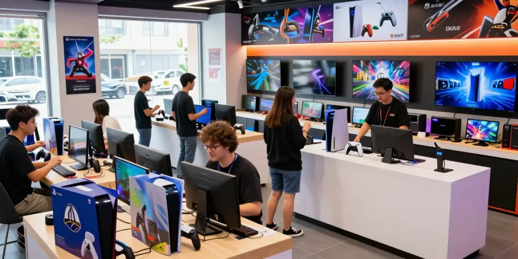rokok88 game store scene showcasing latest gaming consoles and accessories in a vibrant atmosphere