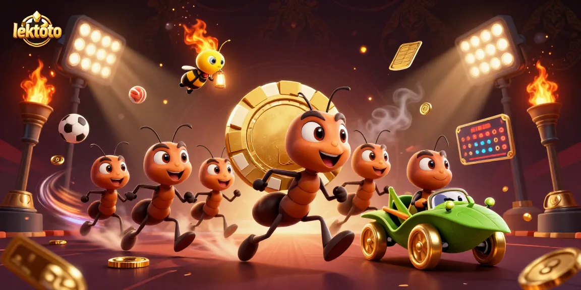 Explore lektoto's thrilling adventure with animated ants heisting a giant poker chip under dynamic sports elements.