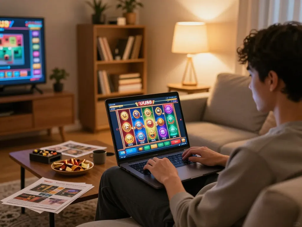 Player engaging with UU88 online casino on a laptop, vibrant slot game visuals in a cozy home setting