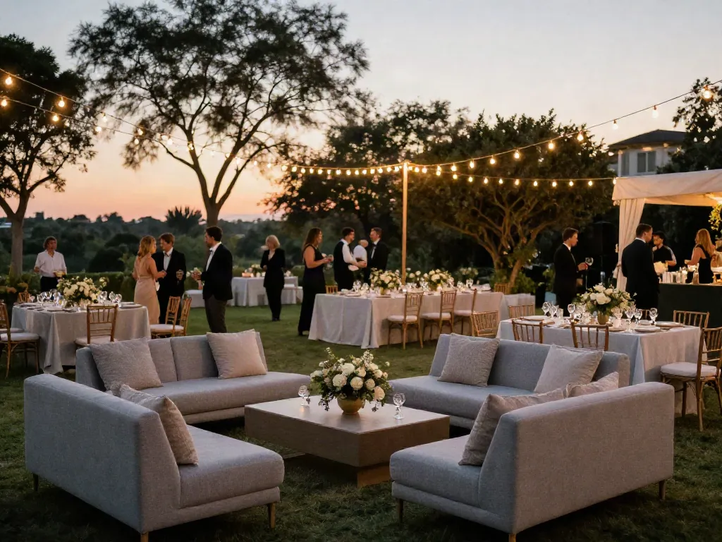 Event furniture rental showcased in elegant outdoor wedding with stylish seating and fairy lights.