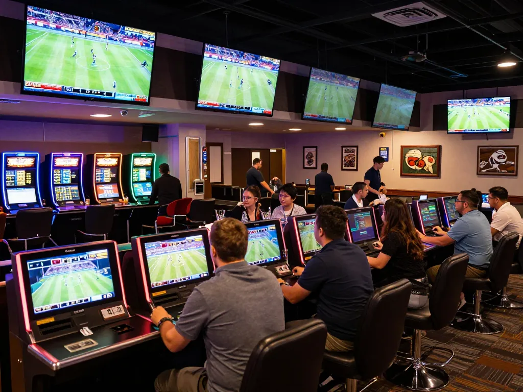 Sunwin sports betting patrons excitedly analyzing odds and placing wagers in a lively casino setting