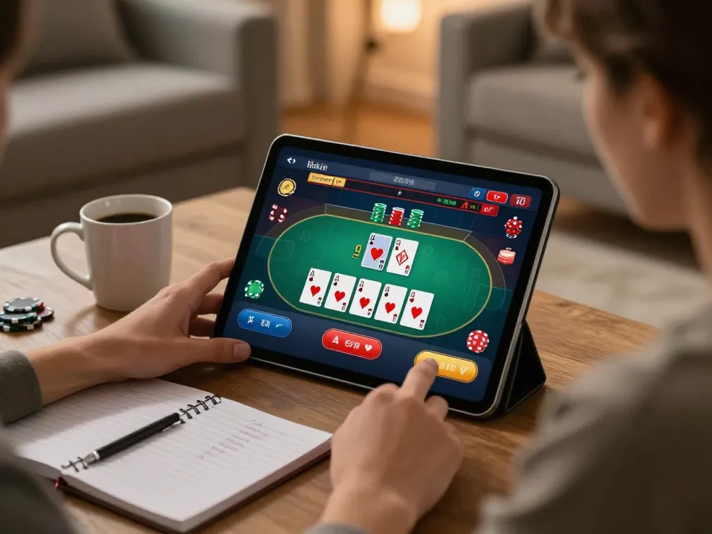 Paito macau action displayed on tablet screen during an online poker session at home.