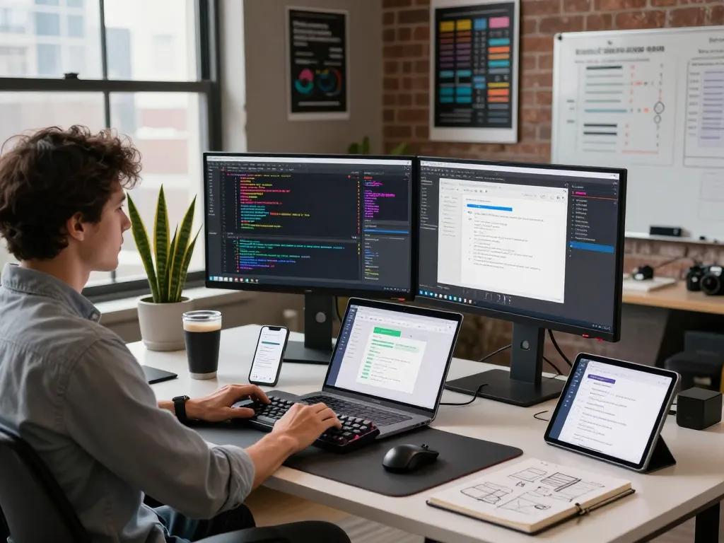 Clawdbot AI workspace showcasing developer's environment with code, tech props, and productivity tools.