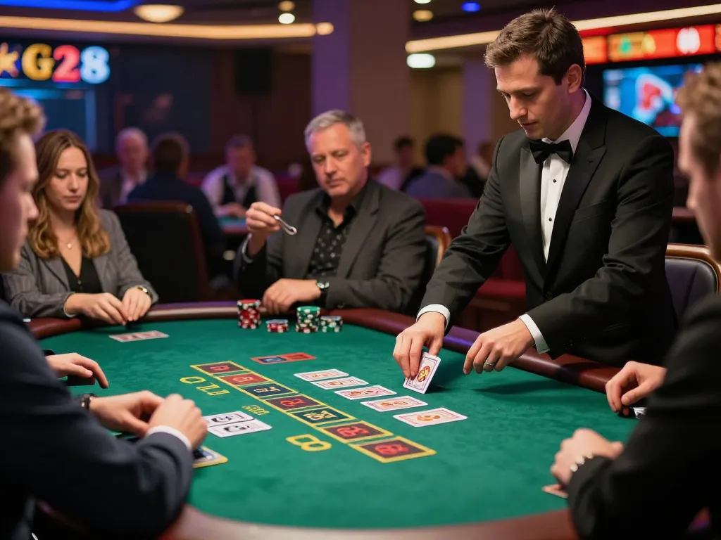 Game players at G28 enjoying live dealer blackjack action with intense focus and excitement.