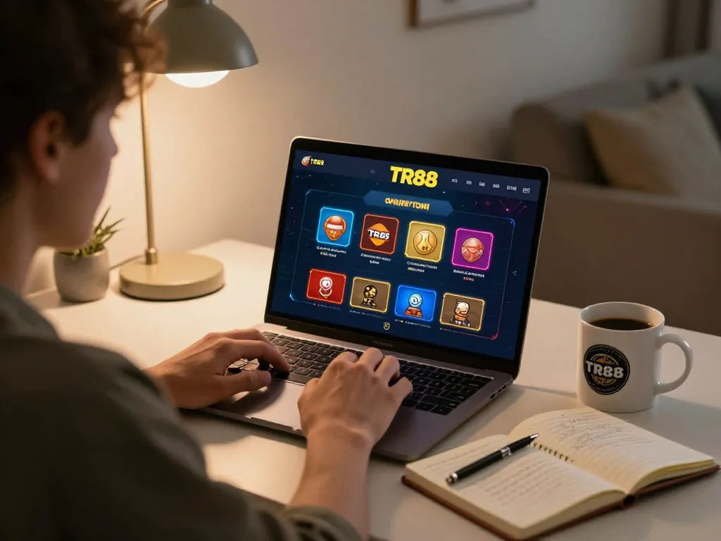 Engaging with TR88 online gaming platform on laptop, showcasing strategic gameplay and modern setup