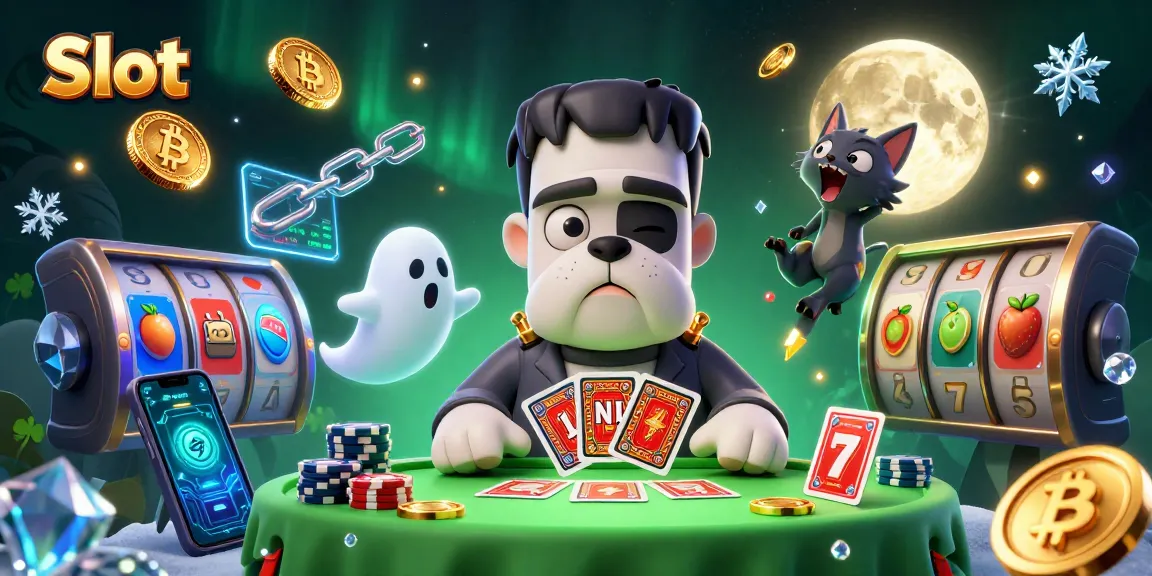 Spin the Slot reels in this vibrant 3D illustration featuring a Frankenstein bulldog and playful characters.