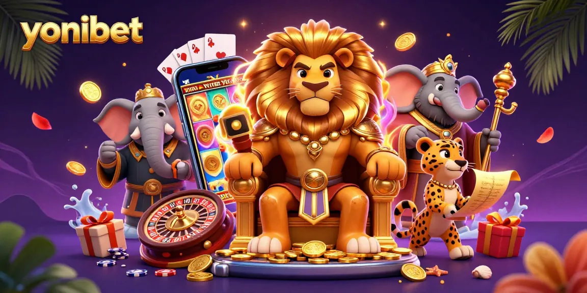 Experience thrilling gameplay at yonibet with an ultra-detailed 3D illustration showcasing a lion king, wise elephant, and speedy cheetah.