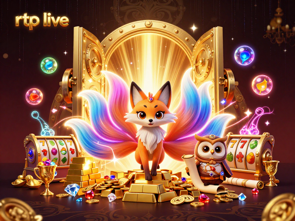Engage with rtp live in this vibrant illustration of a nine-tailed fox and owl sage, amidst casino treasures.