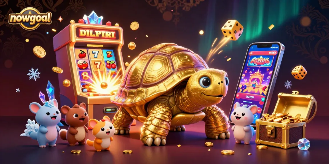 Play exciting casino games at nowgoal featuring a vibrant scene with a golden tortoise and slot machines.