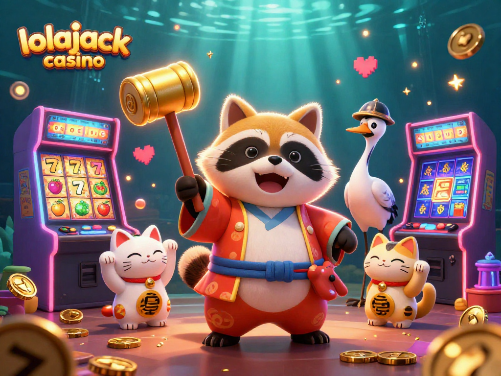 Experience excitement at lolajack casino with cheerful characters and vibrant slot reels in a colorful scene.