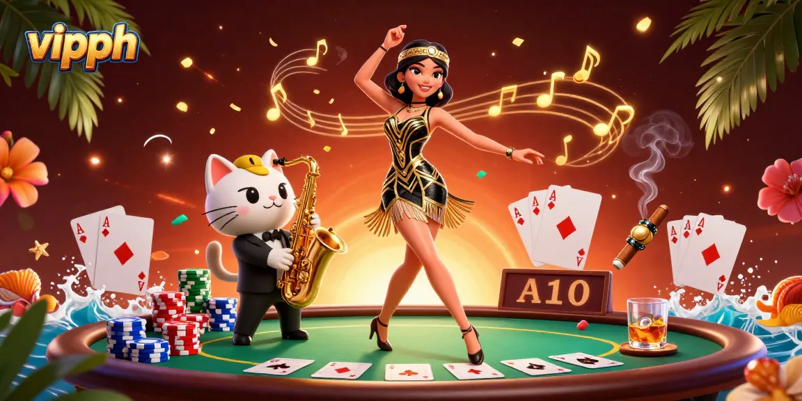 Experience the excitement of vipph with a vibrant casino scene filled with poker elements and playful characters.