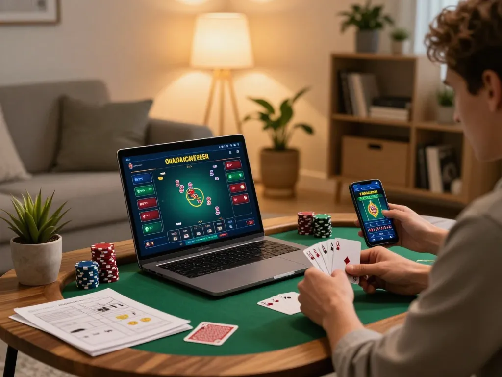 vt88 online gaming experience with a player analyzing poker hands during a cozy home session
